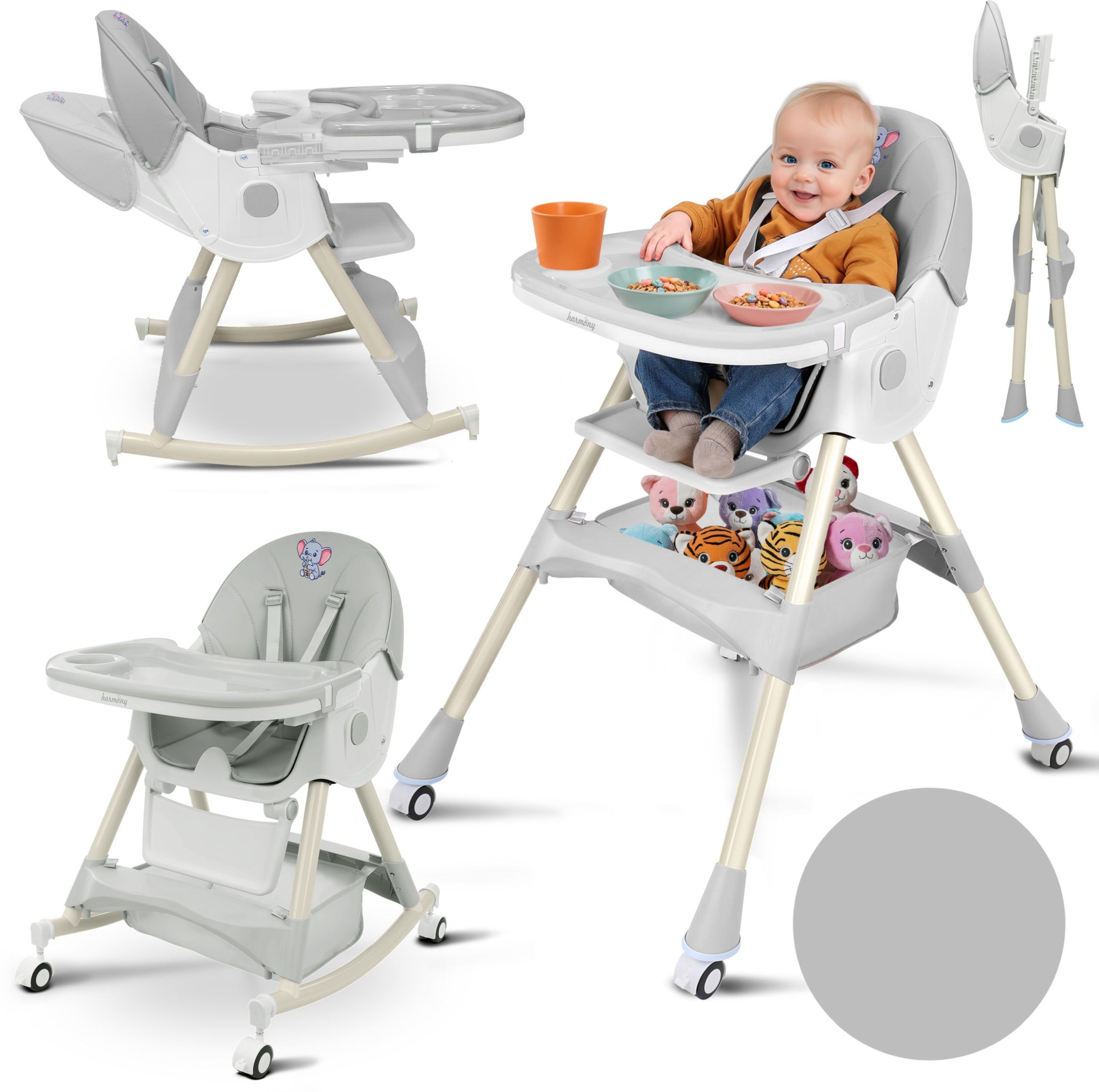 KRZESEŁKO DO KARMIENIAZ FUNKCJĄ BUJACZKA DLA DZIECI 6W1 SKŁADANE SZARE