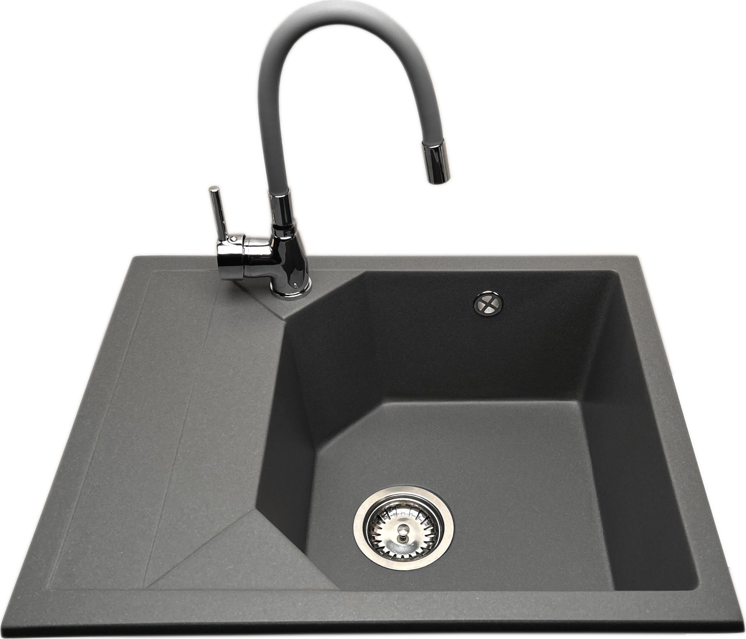 Zlewozmywak PREHNIT Zlewozmywak jednokomorowy z ociekaczem POLLO szary z lewym ociekaczem + bateria flex