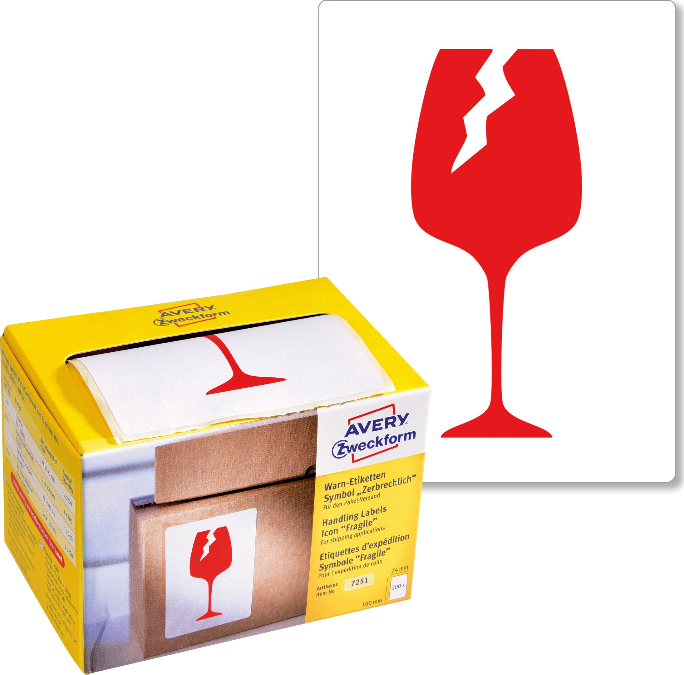 Avery Zweckform Ostrzegawcze etykiety wysyłkowe Avery Zweckform 'Ostrożnie szkło' w dyspenserze, 200 etyk./op., 74 x 100 mm, CZERWONO BIAŁY