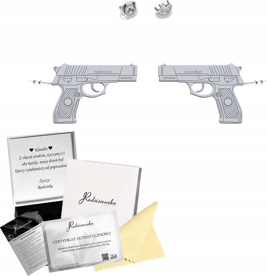 Radziszewska Jewellery Kolczyki Srebrne PISTOLET Sztyfty 925 Prezent Biżuteria DEDYKACJA GRATIS