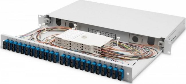 Digitus Panel krosowy FO z wyposażeniem 19'' 1U, 24x SC dx, OS2, pigtaile, adaptery, tacki, wysuwany, szary