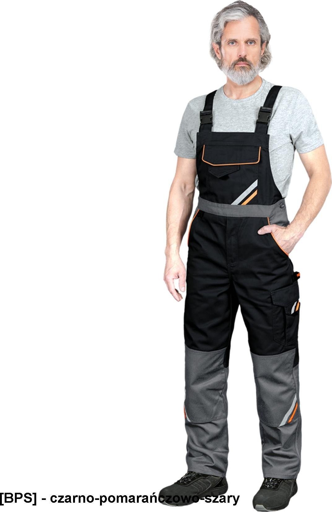 R.E.I.S. PROX-B - spodnie ochronne ogrodniczki PROX, guzik, zamek, 9 kieszeni, na nakolanniki, odblaski, 65% poliester, - czarno-pomarańczowo-szary 52