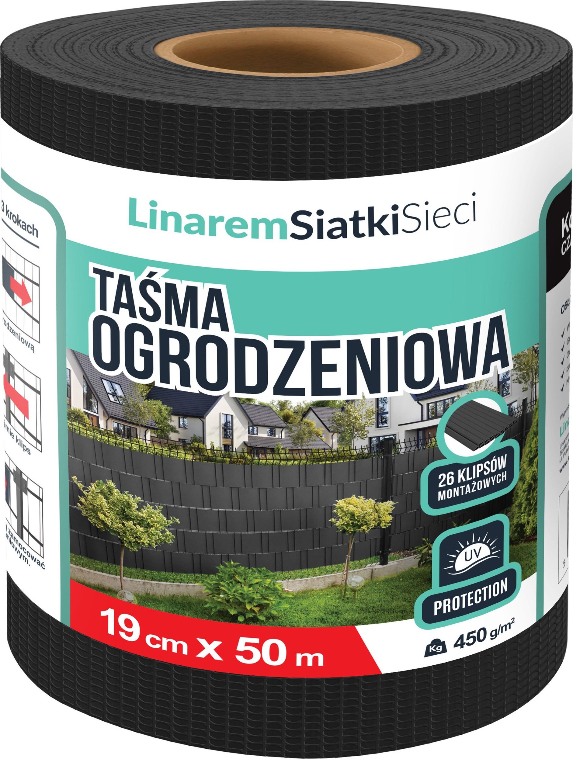 Linarem SiatkiSieci TAŚMA OGRODZENIOWA CZARNA 19cmx50m OSŁONA NA OGRODZENIE PANELOWE PŁOT +UV
