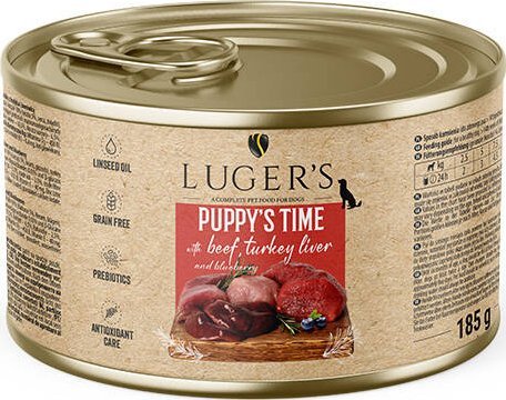 Karma mokra dla psa szczeniaka Luger's Puppy's Time z wołowiną, wątróbką z indyka i borówką 185 g