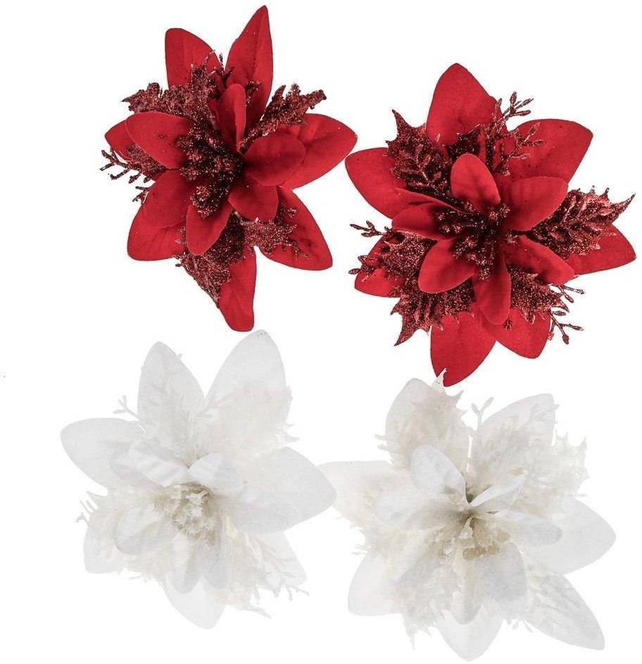 Kwiaty poinsecji białe, czerwone 14cm 4szt