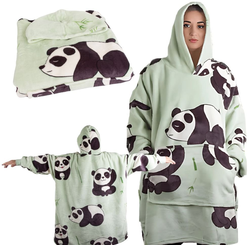 Ciepła bluza panda koc oversize xxl 2w1 gruba futrzak miękka z kapturem
