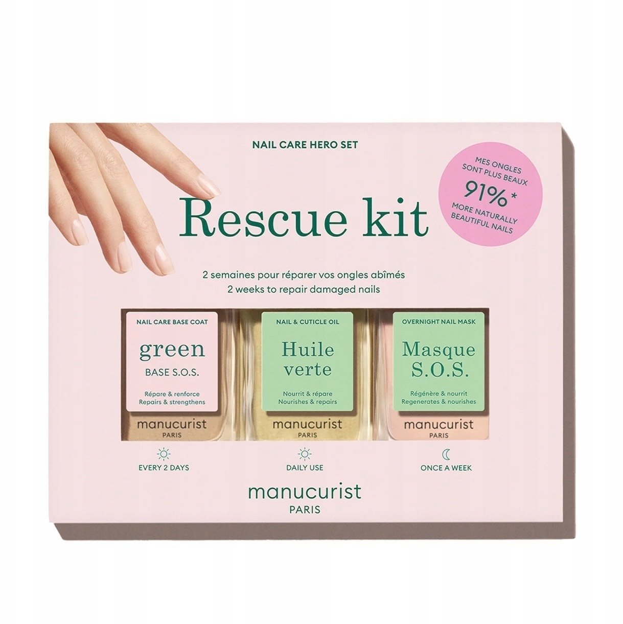 Nuxe MANUCURIST_SET Rescue Kit Green Base S.O.S odżywcza baza do paznokci 15ml + Huile Verte odżywka do paznokci 15ml + Masque S.O.S maska do paznokci