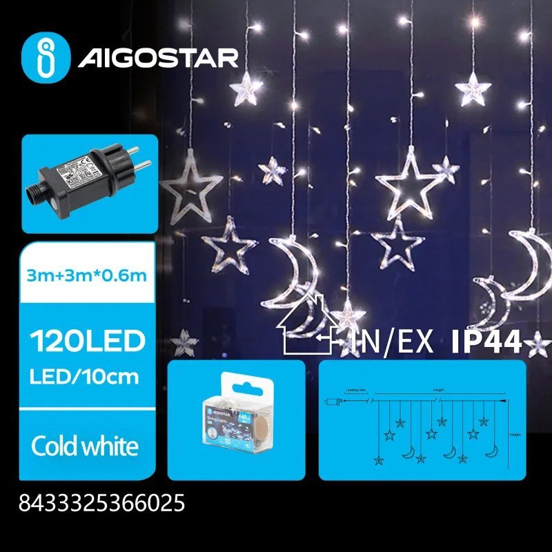 Lampki choinkowe Aigostar Niskonapięciowe lampki sople 120led gwiazdy i księżyce zimne 3m Niskonapięciowe lampki sople 120led gwiazdy i księżyce zimn