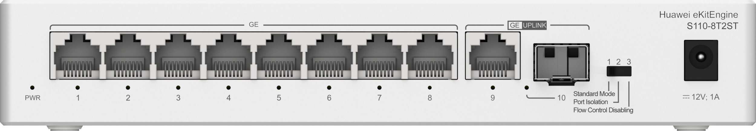 Switch Huawei HUAWEI S110-8T2ST 8x10/100/1000BASE-T ports 1xGE SFP port 1x10/100/1000BASE-T port with 7xAC power adapter fanless