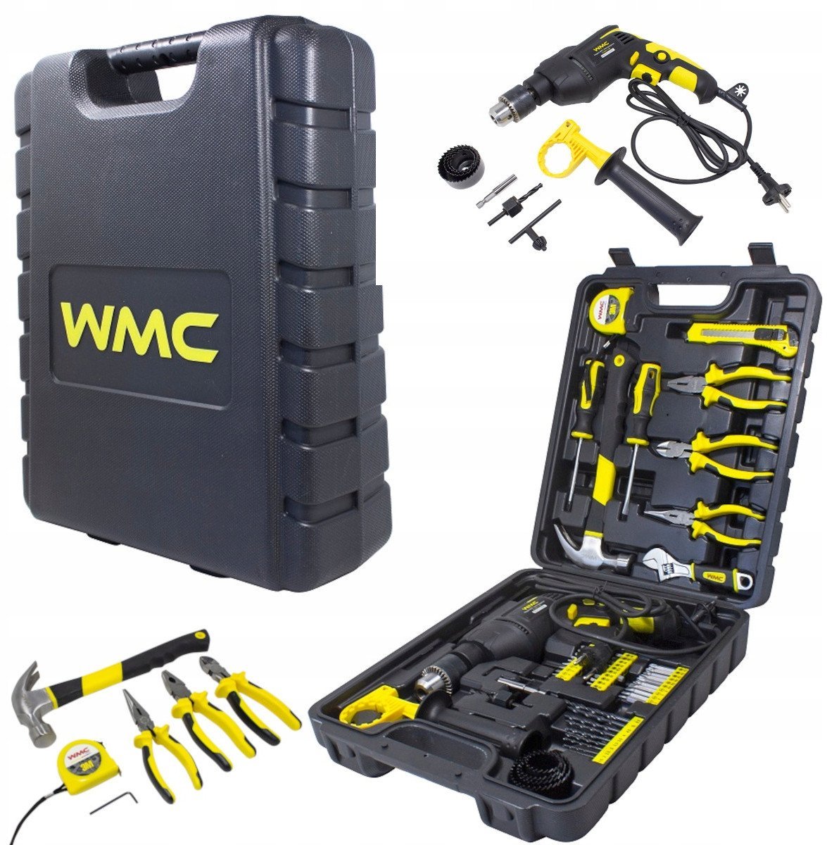 Zestaw narzędziowy 59el (wiertarka udarowa 750W, wiertła, bity, szczypce, wkrętaki, młotek) w walizce