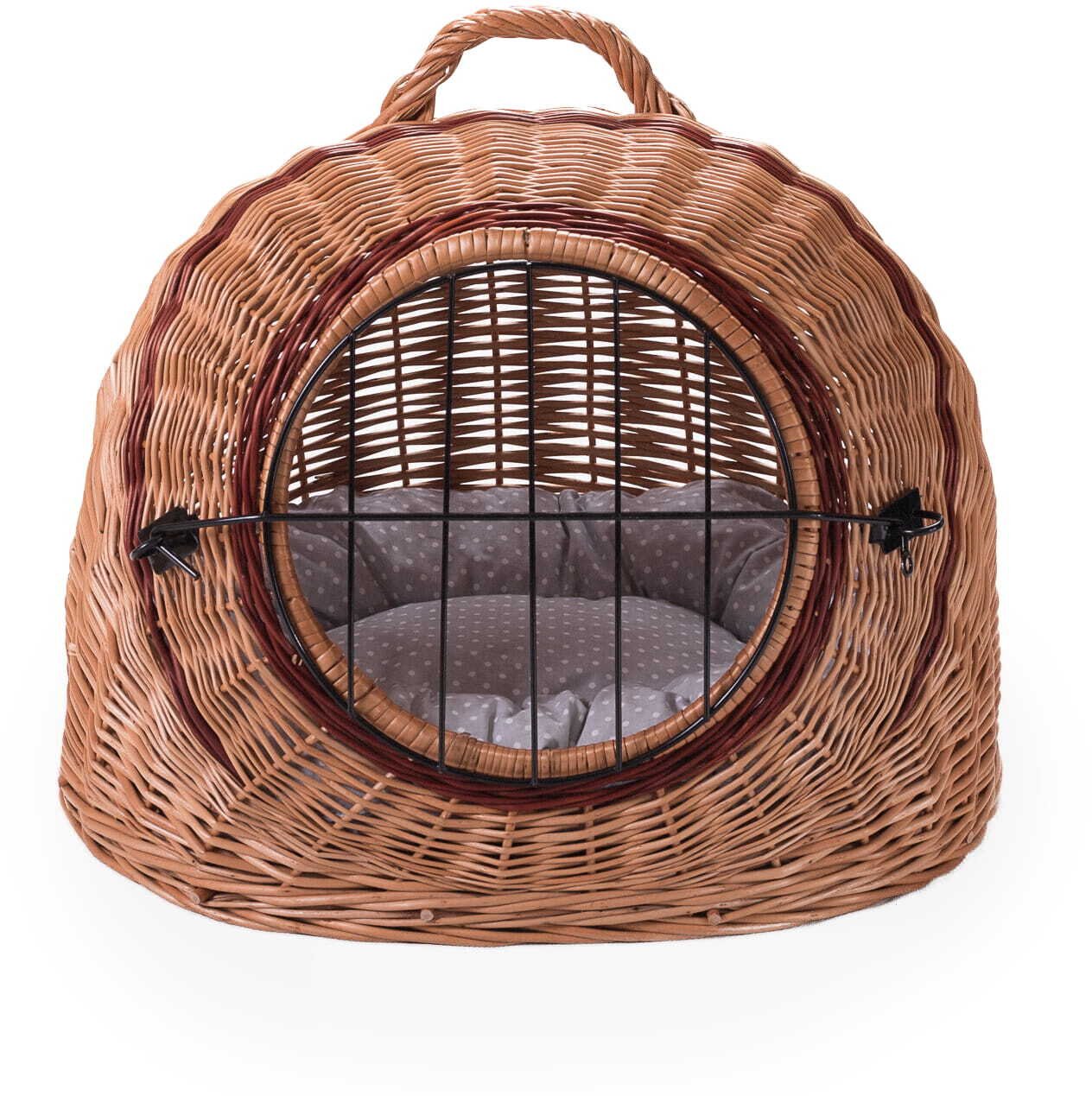 Wiklinowy transporter budka dla kota i innych zwierząt owalny kosz budka z metalowym zamknięciem i z poduszką