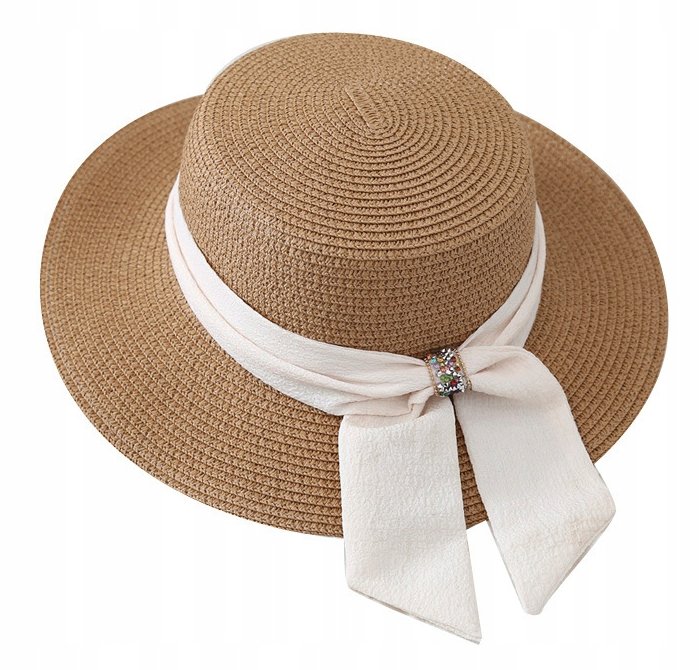 Plażowy kapelusz słomiany słomkowy pleciony modna kokarda z szerokiem rondem
