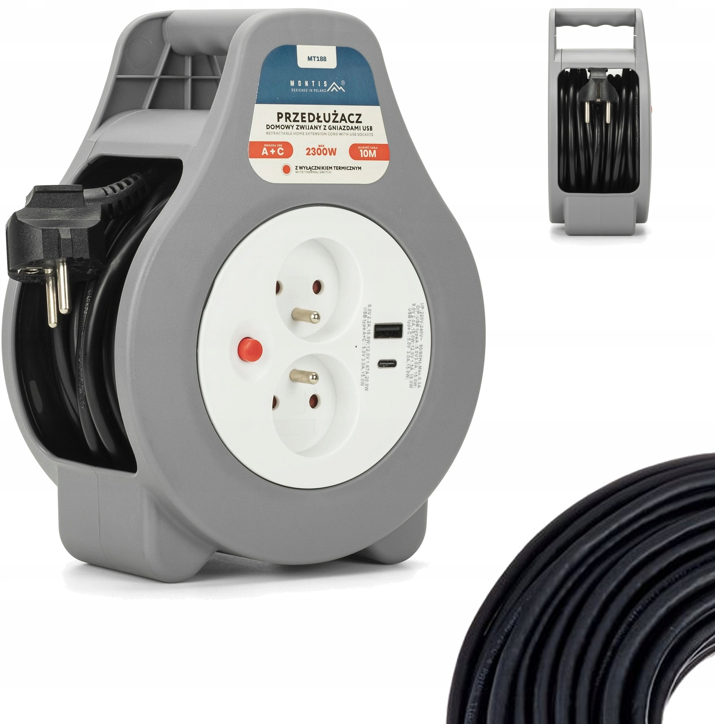 Montis Przedłużacz bębnowy z bezpiecznikiem termicznym 2-gniazdowy z USB-A + USB-C 10m MT188-10
