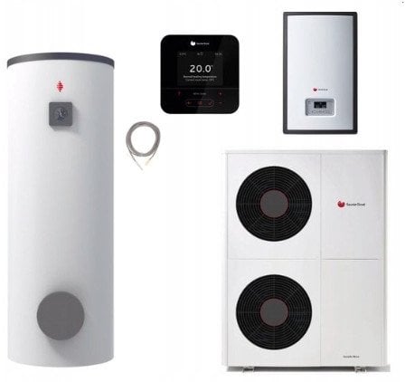 Saunier Duval pakiet OZE: pompa ciepła GeniaAir Mono HA 12-6 O + stacja hydrauliczna HE 9-6 WB + regulator SRC 720 + zasobnik c.w.u. FEW 300 + czujnik