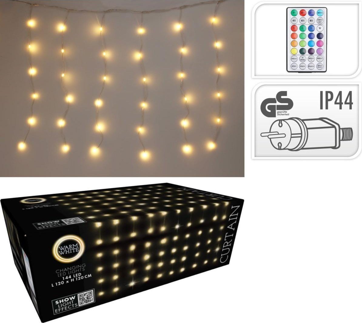 LAMPKI CHOINKOWE KURTYNA ŚWIETLNA ZEW/WEW 144 LED 120X120CM Z PILOTEM CIEPŁY BIAŁY
