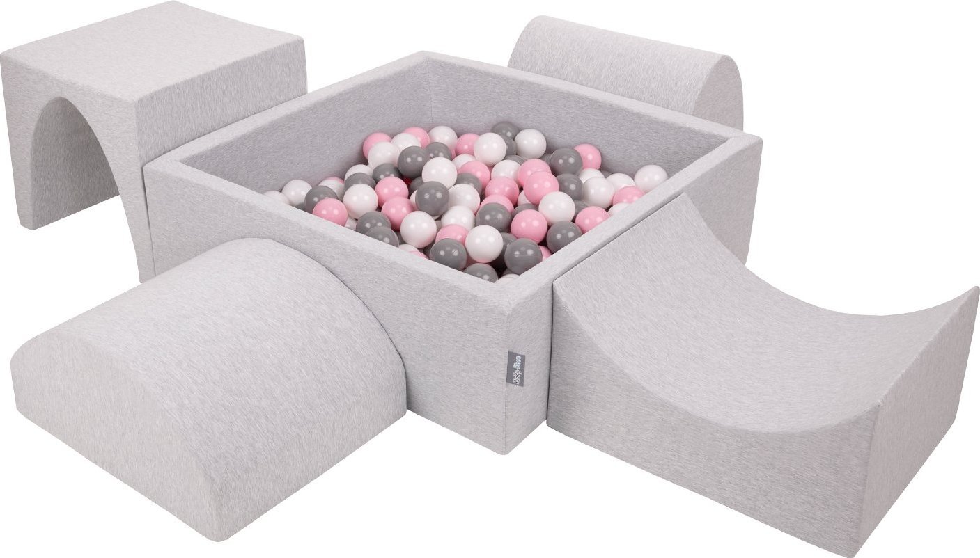 KiddyMoon KiddyMoon Piankowy plac zabaw PPZP-KW30D-135 z piłeczkami jasnoszary: biały-szary-pudrowy róż basen 200/górka/tunel/rampa L/półwałek L Zabaw
