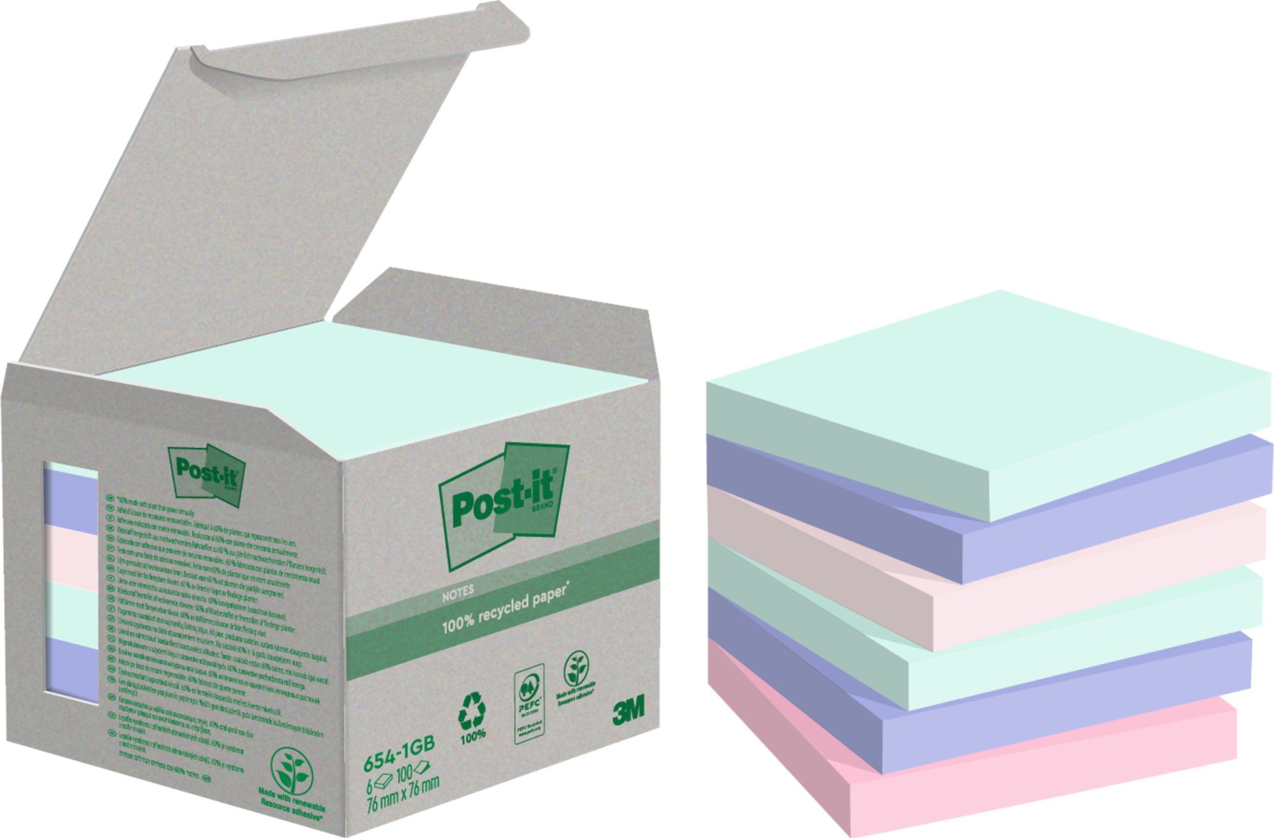 Post-it Post-it Recycled Notes 76mmx76mm 100ark/blk 12blk/pak assorterede farver