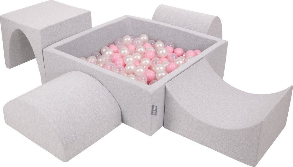 KiddyMoon Piankowy plac zabaw PPZP-KW30D-135 z piłeczkami jasnoszary: pudrowy róż-perła-transparent basen 200/górka/tunel/rampa L/półwałek L Zabawka p