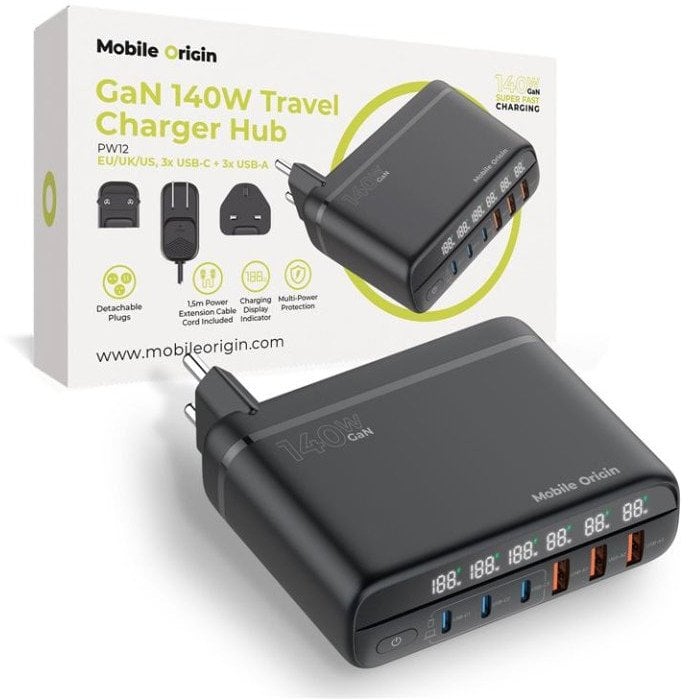 Mobile Origin GaN 140W Travel Charger Hub PW12 EU/UK/US, 3x USB-C + 3x USB-A