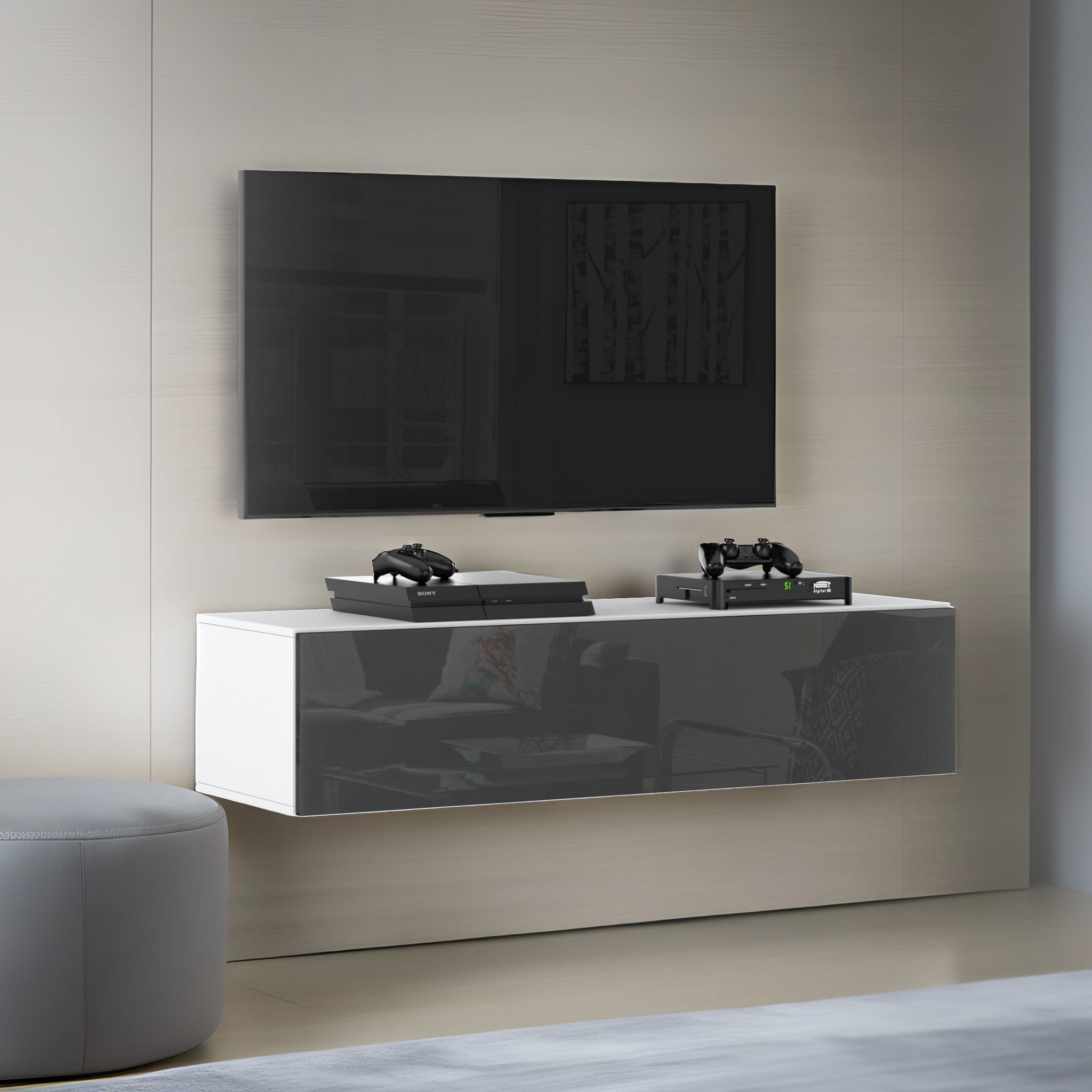 Szafka Rtv Wisząca Do Salonu Pojemny Stolik 140cm Loft Biały Szary Połysk