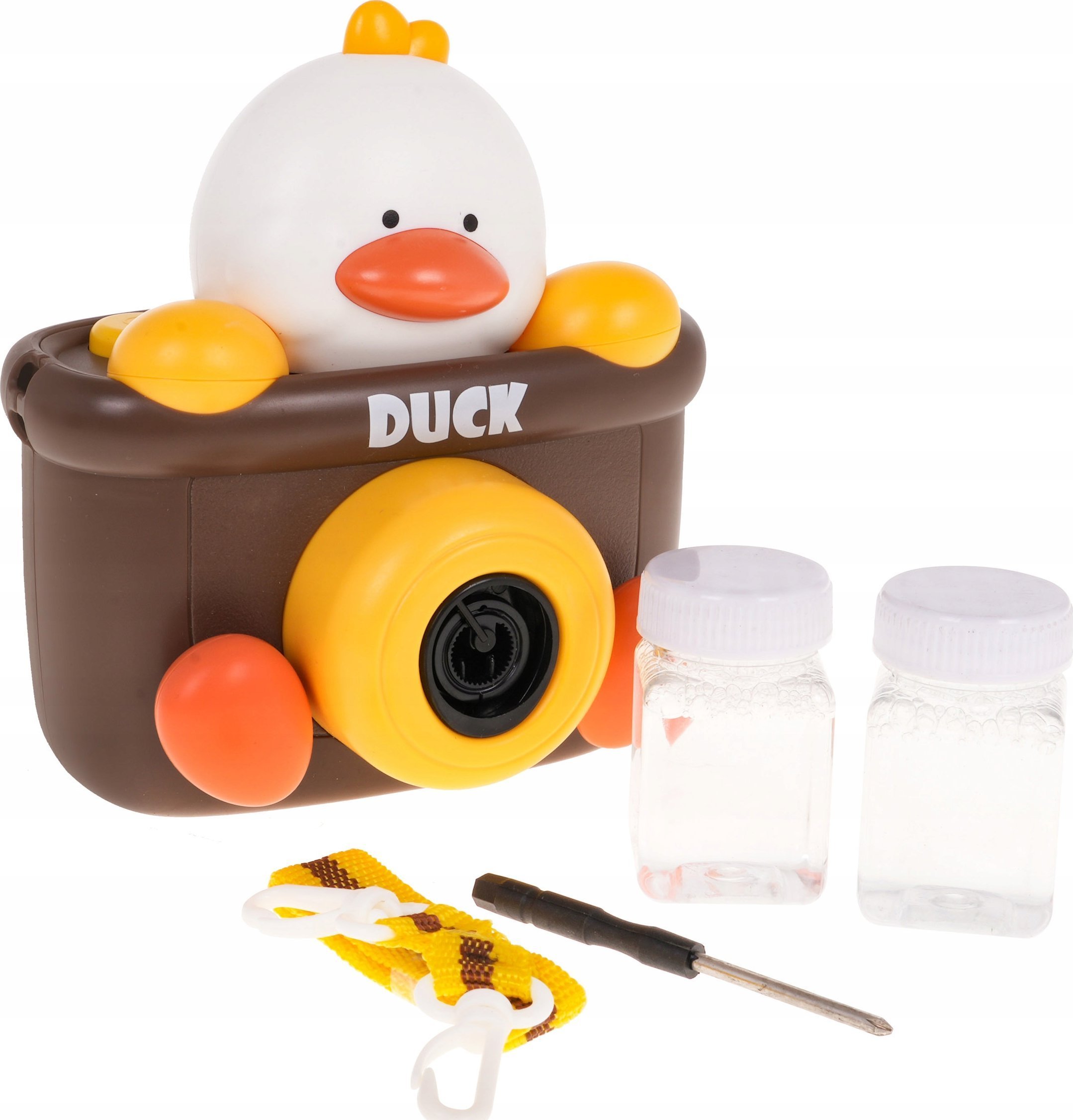 Ramiz Maszynka do Baniek Mydlanych w kształcie Aparatu z Kaczuszką dla dzieci 3+ Płyny do baniek + Pasek na ramię