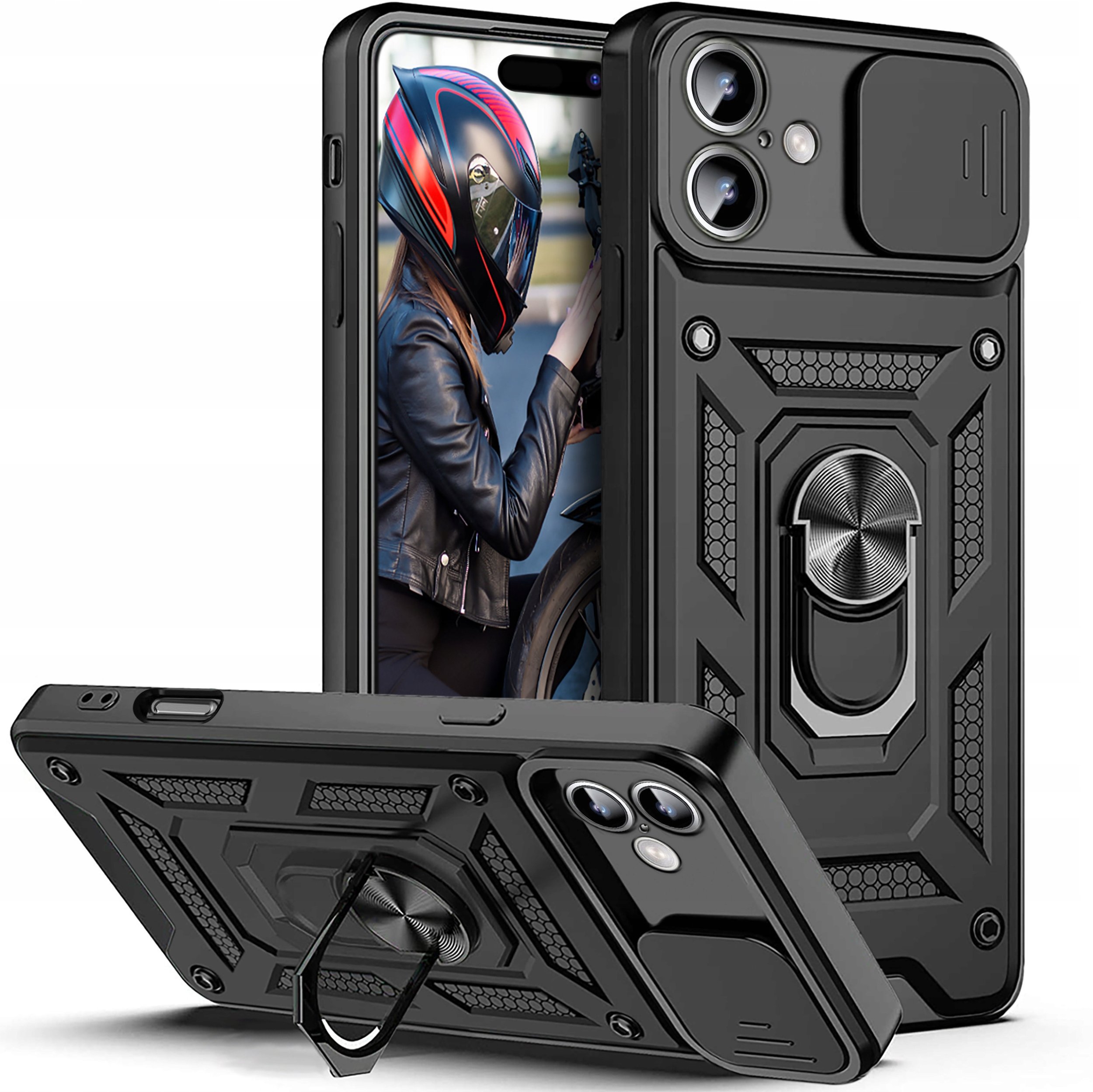 Etui do iPhone 16 PANCERNE SLIDE RING WZMACNIANE + SZKŁO OCHRONNE 9H