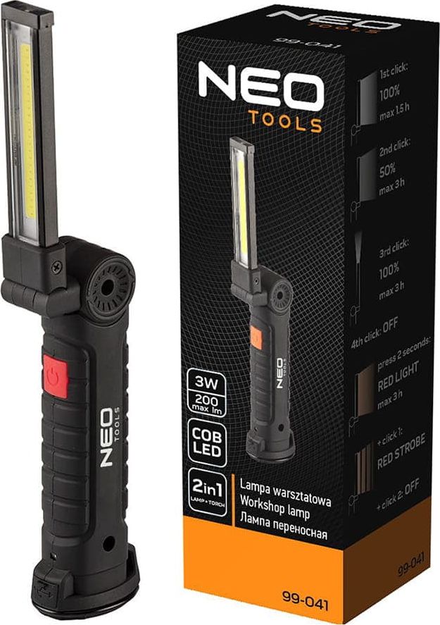 Neo Lampa warsztatowa (Lampa warsztatowa akumulatorowa 200 lm COB + latarka)