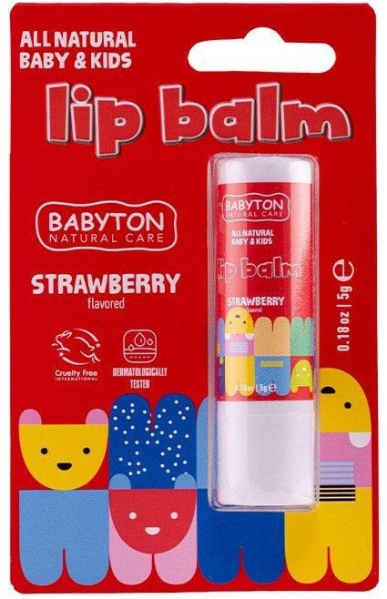 Babyton, Balsam do ust, truskawkowy smak, bezpieczny od narodzin, 5 g