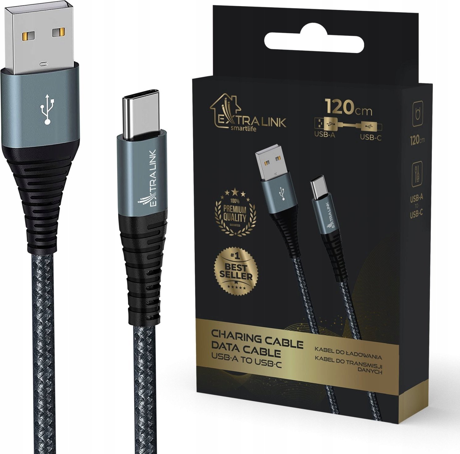 Kabel USB ExtraLink USB-A - USB-C 1.2 m Czarny (CABESL08)