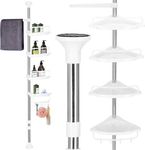 Springos Półka łazienkowa narożna pod prysznic 4 poziomy, półka teleskopowa biała UNIWERSALNY