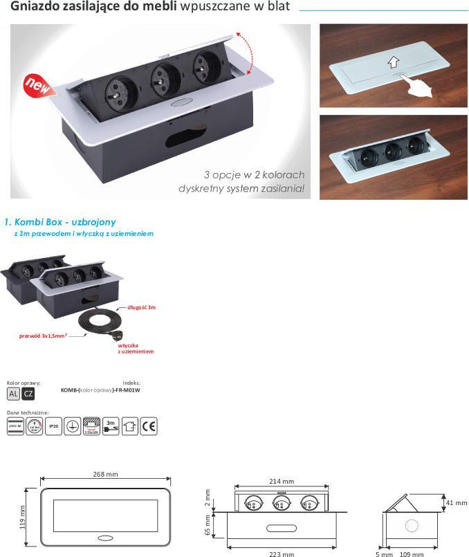Design Light Gniazdko biurowe kolor czarny prostokątne otwierane z blatu KOMBIBOX UZBROJONE Z PRZEWODEM 1,5M 230v x 3. Design Light KOMB-CZ-FR-1,5-M02