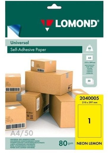 Lomond Self-Adhesive Paper Universal Labels, 1/210x297, A4, 50 sheets, Lemon neon