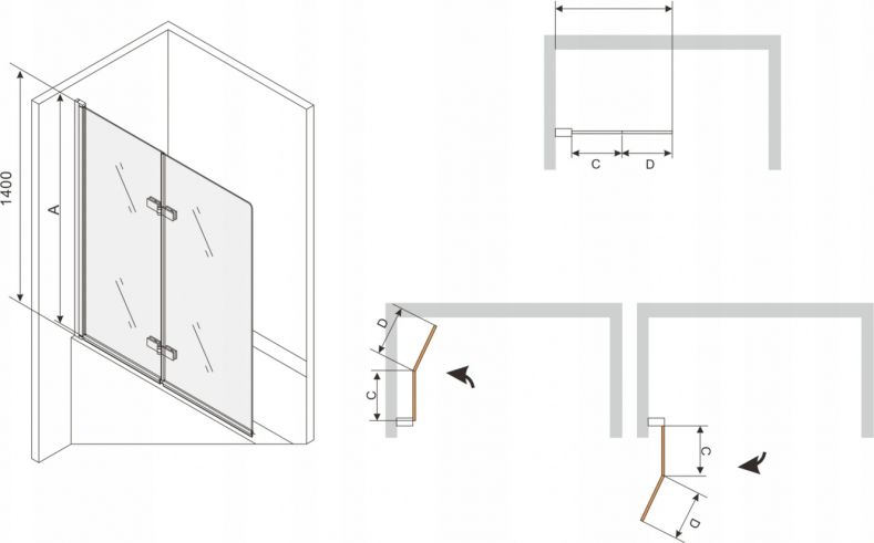 Parawan nawannowy Mexen Felix 2-częściowy szkło przejrzyste, profil biały