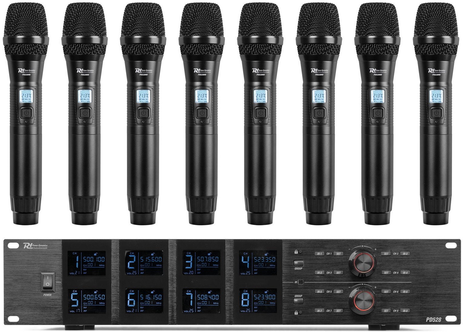 Zestaw mikrofonów bezprzewodowych Power Dynamics UHF PD528 z 8 mikrofonami ręcznymi one size
