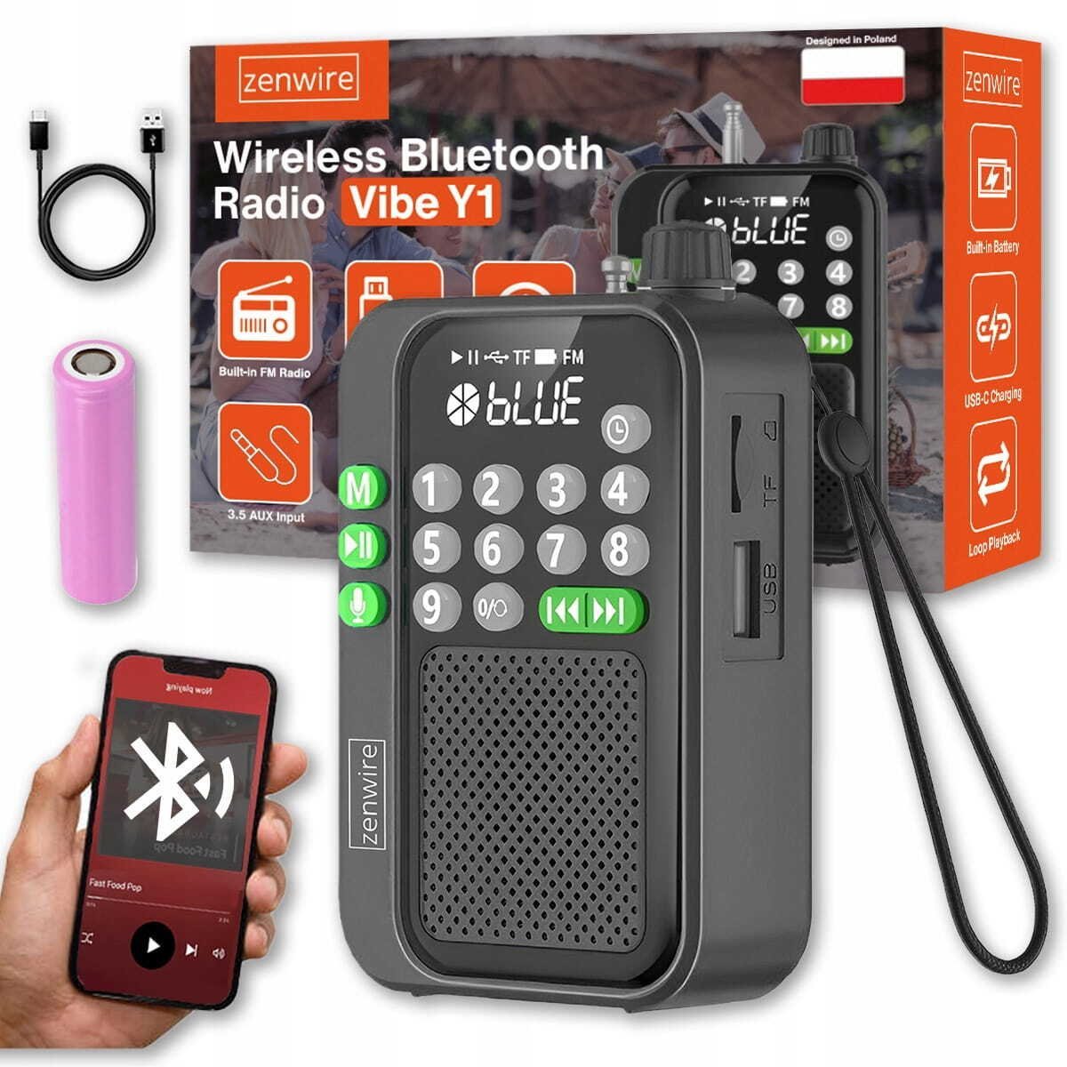 Radio budowlane Zenwire Mini Radio FM Kieszonkowe Bluetooth Przenośne Budowlane Kuchenne na Baterie Y1