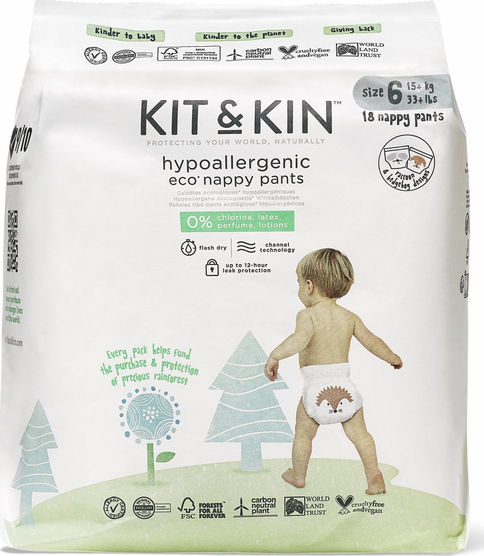 Kit and Kin Kit and Kin, Pieluchomajtki Nappy Pants 6 XL (12-17kg), Hedgehog/Racoon, 18 szt.