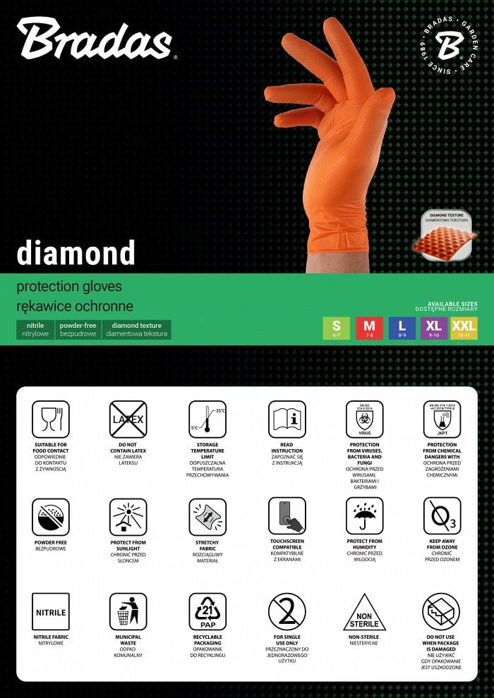 RĘKAWICE NITRYLOWE DIAMOND POMARAŃCZOWE M 7-8 /50szt.