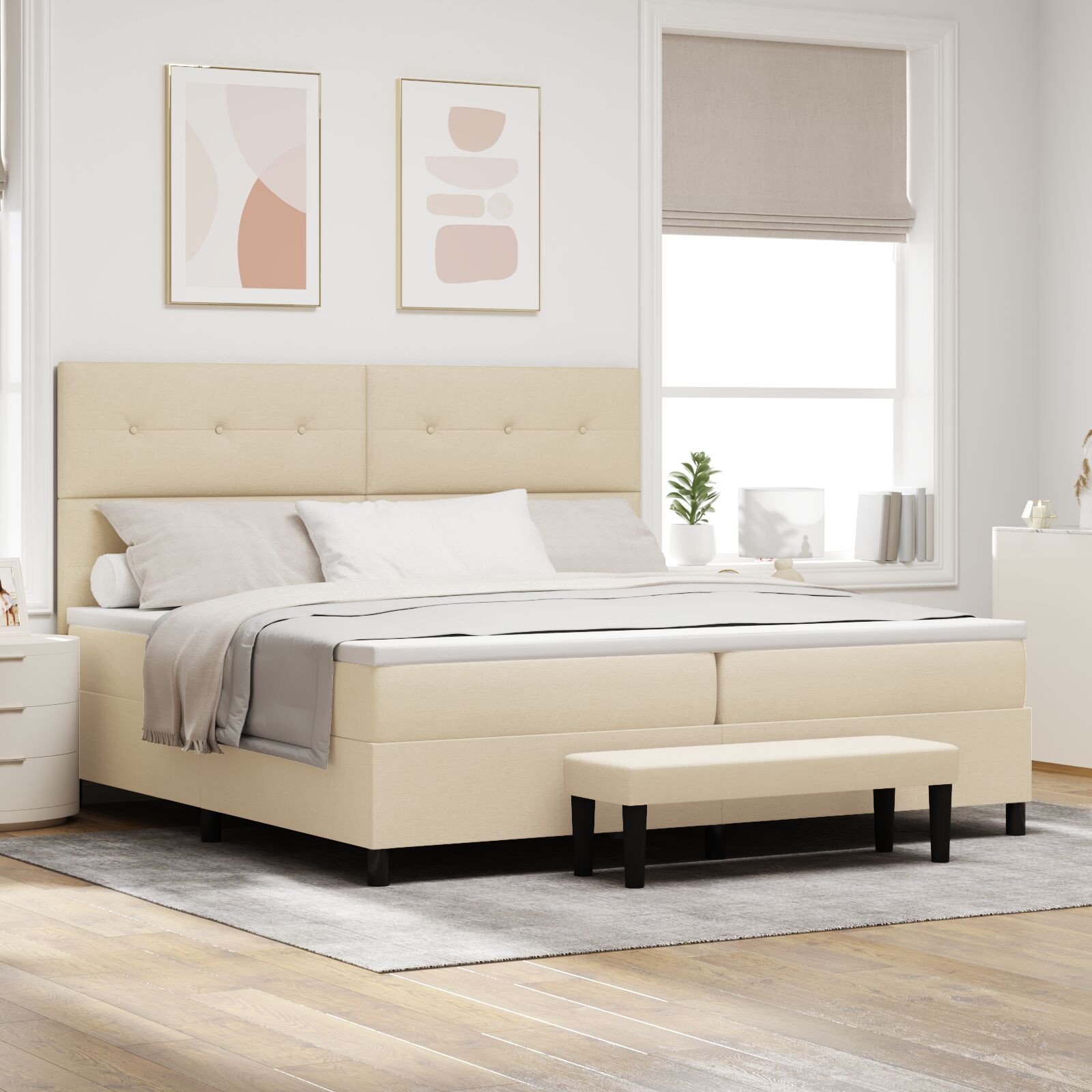 vidaXL Łóżko box spring z materacem i ławką kremowe 200x200 cm tkanina