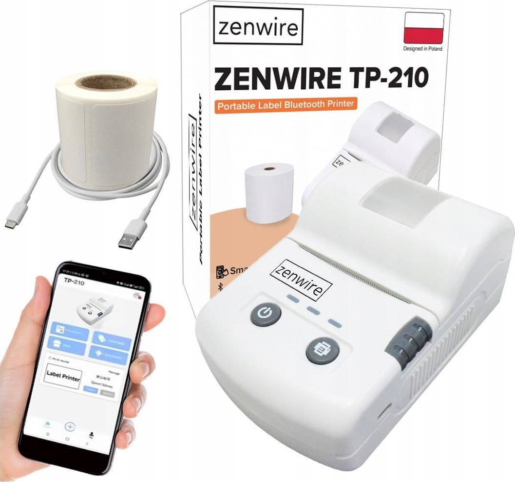 Mini Drukarka Etykiet Naklejek Przenośna Termiczna Bluetooth USB-C z Wbudowaną Baterią 1500 mAh Zenwire TP-210