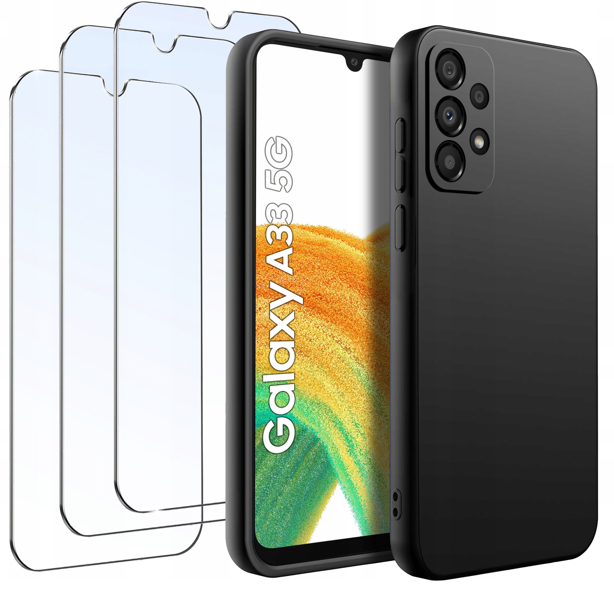 ZESTAW Etui do Samsung A33 5G | Matowe Czarne Silikon Slim +3 SZTUKI SZKŁO