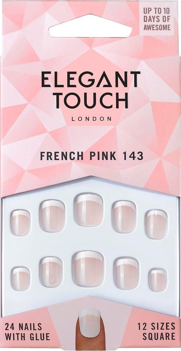 Elegant Touch Set, Elegant Touch, Natural French, Square, Artificial Nails, Pink, 143, Petite (XS), 24 pcs For Women
