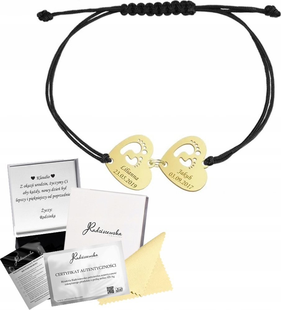 Radziszewska Jewellery Bransoletka Złota Serce Stópki Srebro 925 Grawer Sznurek Biżuteria Prezent