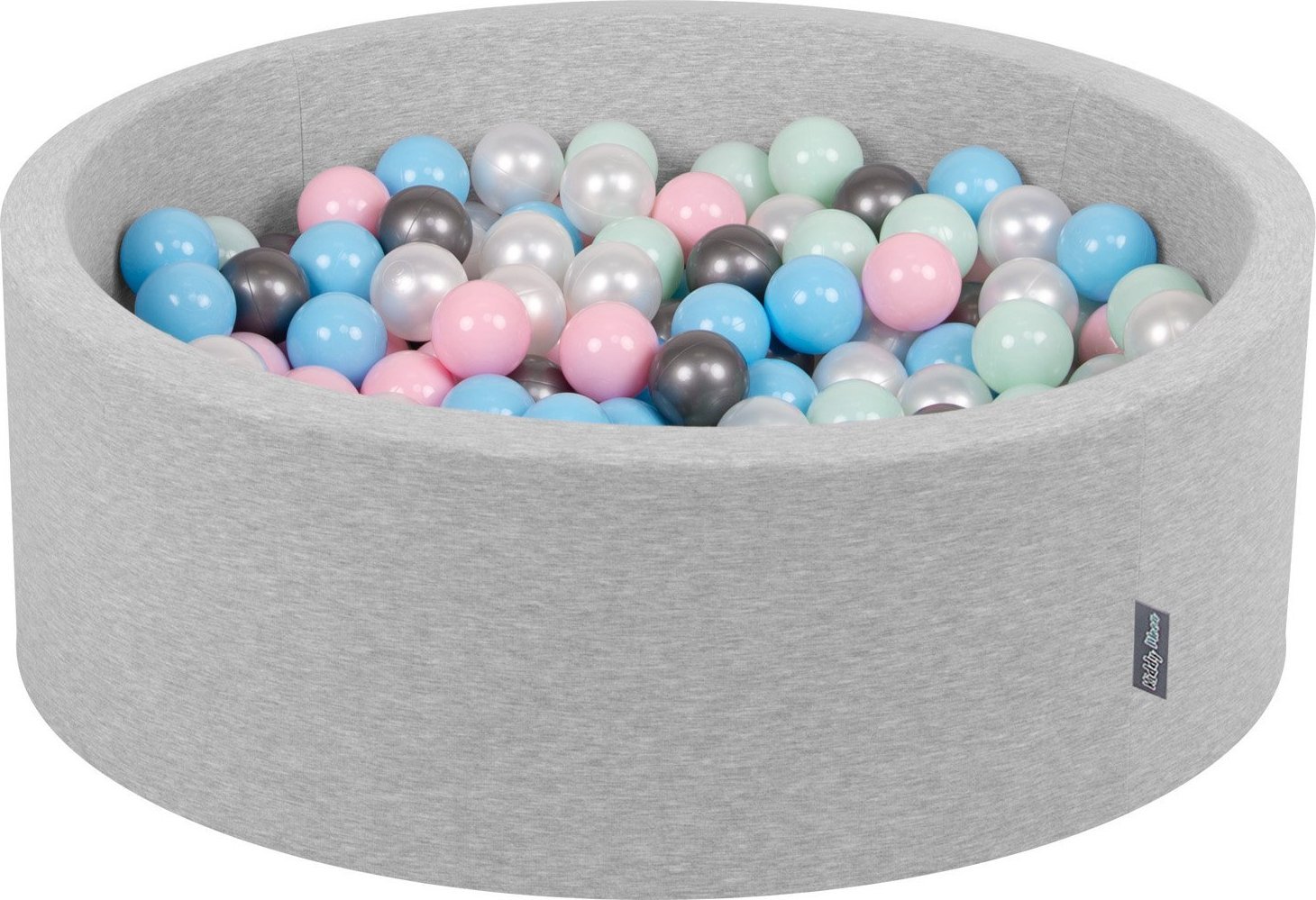 KiddyMoon KiddyMoon Suchy basen okrągły z piłeczkami 7cm jasnoszary: perła-pudrowy róż-babyblue-mięta-srebrny 90x30cm/300piłek Zabawka basen piankowy