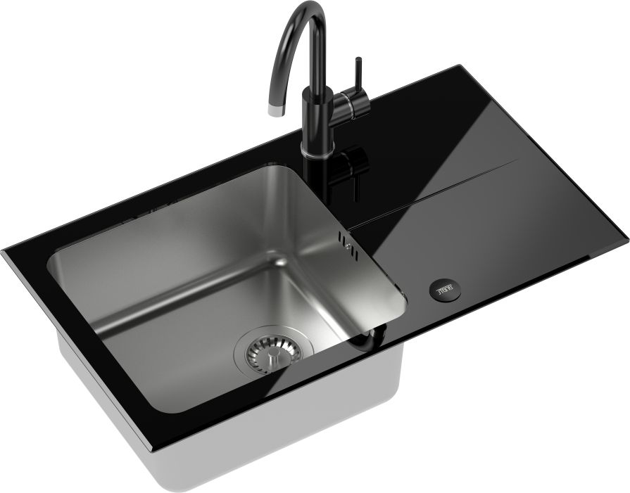 Zlewozmywak Steiner Hugh 111 komora stalowa z czarnym blatem szklanym + bateria