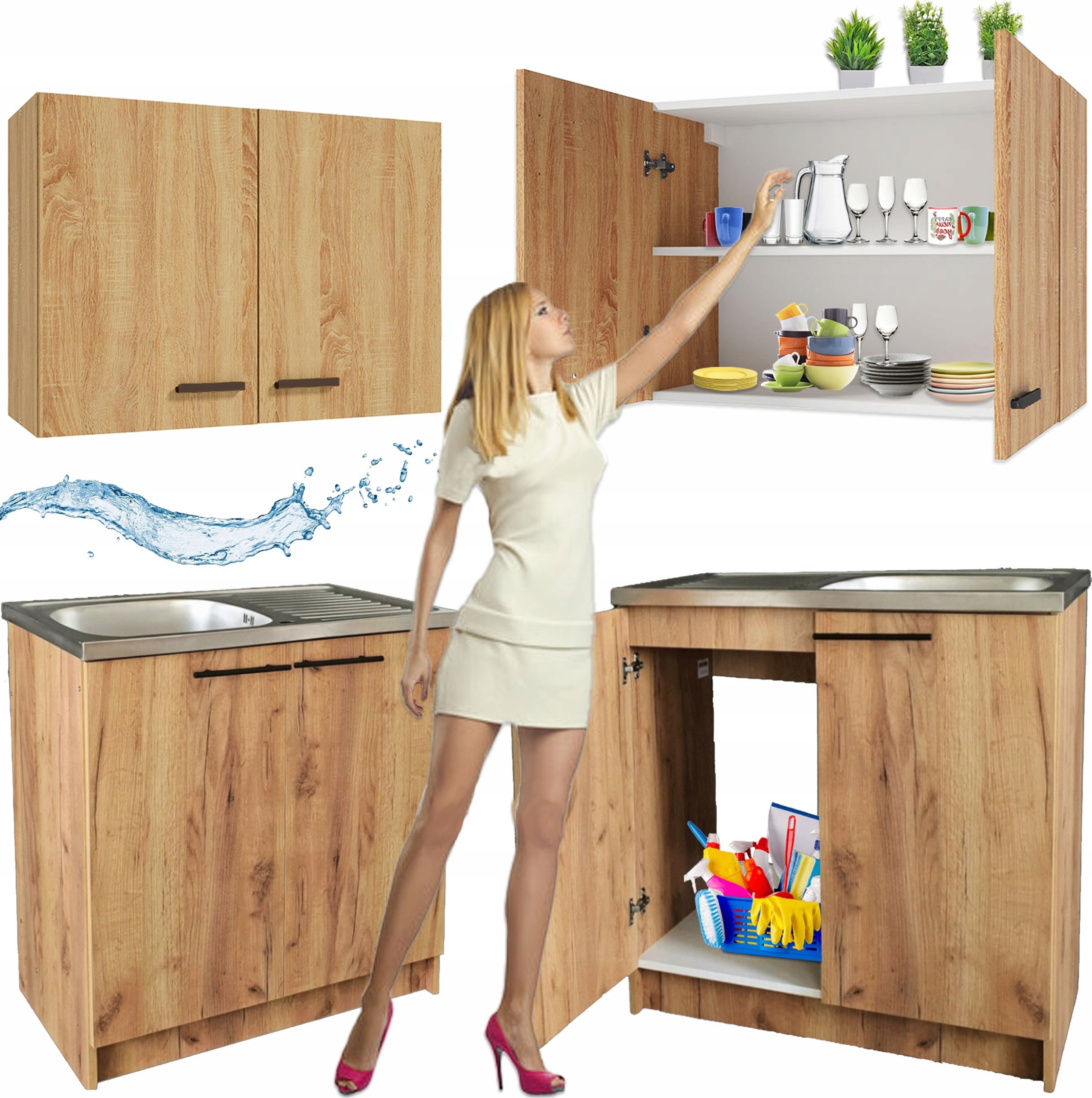 Zestaw Mebli Kuchennych Szafka Wisząca 80 + Stojąca + Zlew + Syfon Dąb Złot