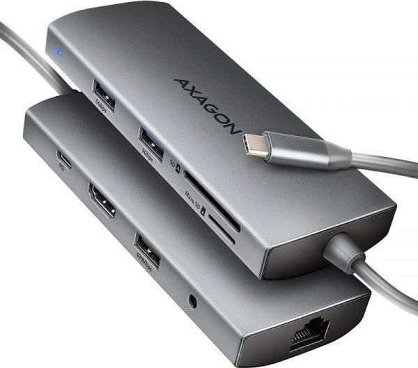 HUB USB Axagon HMC-8HLSA Wieloportowy hub USB-C 3.2 Gen 1 hub, 3x USB-A + 4K/30Hz HDMI + SD/microSD, GLAN, Audio, PD 100W, 20cm USB-C kabel