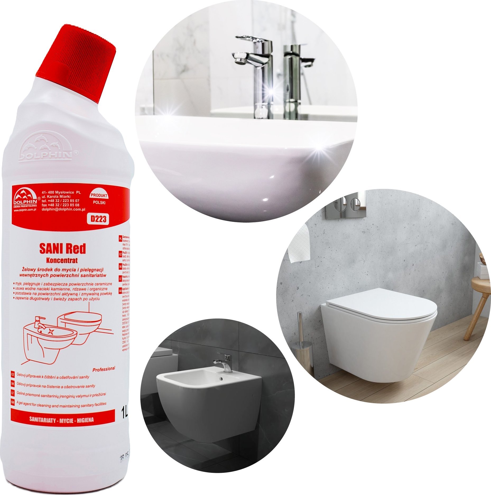 Dolphin SANI RED ŻEL DO WC TOALETY ZMYWANIA URZĄDZEŃ SANITARNYCH KAMIEŃ OSADY 1L
