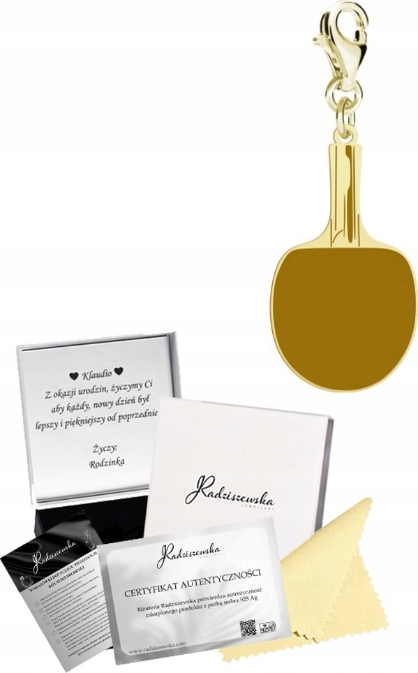 Radziszewska Jewellery Charms Złoty Tenis Stołowy Karabińczyk Srebro 925 Prezent DEDYKACJA