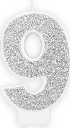 Świeczka urodzinowa, cyferka 9, srebrna brokatowa, 7 cm. uniwersalny