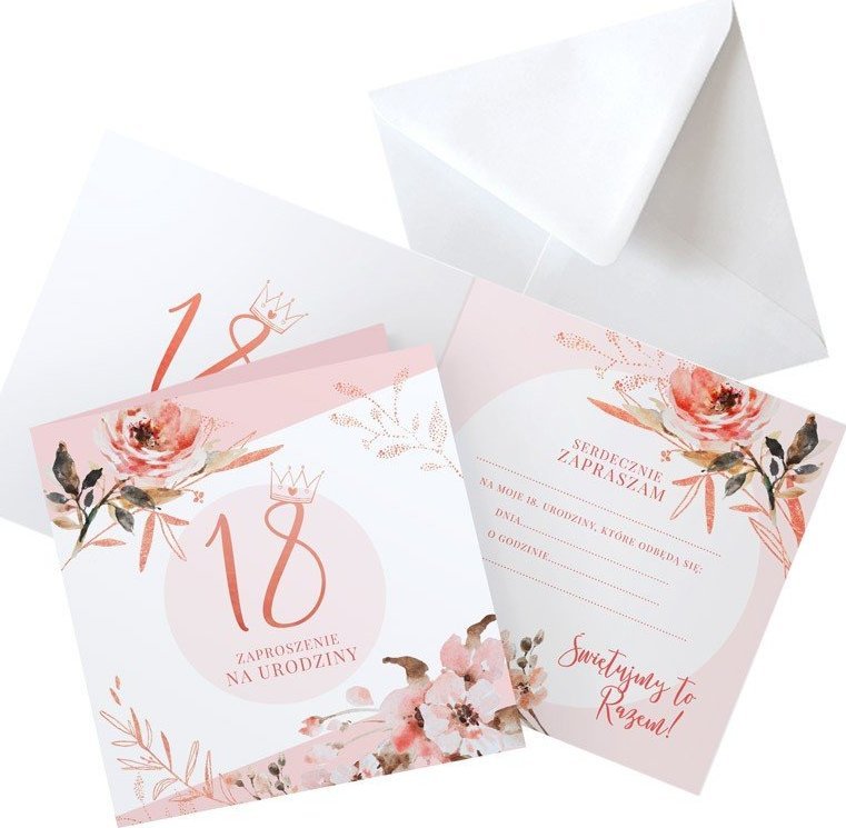 ZAPROSZENIA na 18 urodziny Rosegold Flowers 10szt (+koperty)